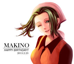 Rule 34 | 10s, 1girl, 2013, character name, dated, green eyes, green hair, happy birthday, head scarf, highres, makino (one piece), matching hair/eyes, one eye closed, one piece, portrait, simple background, smile, solo, white background, yumiyokiak