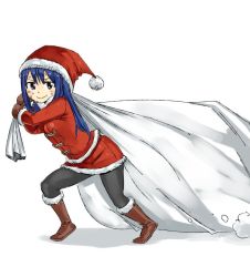 Rule 34 | 1girl, blue hair, boots, christmas, fairy tail, female focus, full body, hat, long hair, mashima hiro, santa hat, simple background, solo, sweat, walking, wendy marvell
