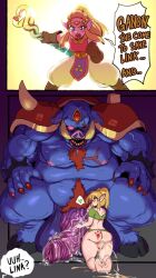 1girl 2boys after_anal aftersex anal ass blonde_hair blue_eyes caught clothed_sex clothes english_text erection ganon gigantic_testicles huge_penis huge_testicles link medium_penis monster multiple_boys muscular muscular_male nintendo penis pointy_ears princess_zelda riderxtremex scar scar_across_eye speech_bubble testicles the_legend_of_zelda twintails veins veiny_penis yaoi