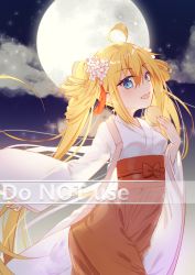 Rule 34 | 1girl, :d, ahoge, blonde hair, blue eyes, breasts, cloud, commentary request, english text, flower, full moon, hair between eyes, hair flower, hair ornament, hakama, hakama skirt, hand up, highres, holding, japanese clothes, kimono, long hair, long sleeves, looking at viewer, mo (pixiv9929995), moon, night, night sky, open mouth, original, outdoors, red hakama, skirt, sky, small breasts, smile, solo, star (sky), starry sky, twintails, very long hair, watermark, white flower, white kimono, wide sleeves