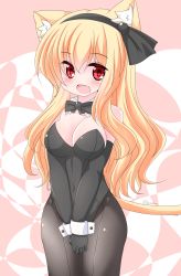 Rule 34 | 1girl, animal ears, bare shoulders, black bow, black bowtie, black leotard, blonde hair, bow, bowtie, breasts, cat ears, cat girl, cat tail, catsuit, cleavage, collar, commentary request, covered navel, detached collar, elbow gloves, gloves, grey pantyhose, hairband, highres, kanijiru, kittysuit, leotard, long hair, medium breasts, nontraditional playboy bunny, original, own hands clasped, own hands together, pantyhose, solo, standing, strapless, strapless leotard, tail, twitter username, v arms, very long hair, white collar, white hairband, wrist cuffs