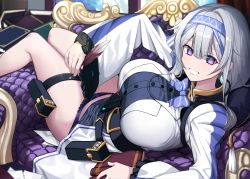 Rule 34 | 1girl, belt, blue panties, book, bow, bowtie, breasts, couple, cushion, grin, hair between eyes, hairband, large breasts, long hair, looking at viewer, lying, on back, original, panties, potion, purple eyes, quiver, simple background, smile, solo, thigh strap, underwear, xiujia yihuizi
