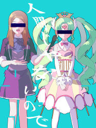 Rule 34 | 2girls, akai meganee, bar censor, black jacket, blue background, blue bow, bow, breasts, brown hair, censored, cleavage, commentary request, detached collar, dress, falulu, feet out of frame, forehead jewel, glitch, green hair, hand up, headphones, highres, holding, holding microphone, identity censor, idol clothes, jacket, long hair, microphone, multiple girls, open mouth, own hands together, parted bangs, pink bow, pink dress, pretty series, pripara, purple skirt, skirt, small breasts, smile, standing, tokumei m (vocaloid), translation request, tsujii luki, twintails, very long hair, wing hair ornament