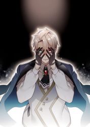 Rule 34 | 1boy, ascot, black ascot, black gloves, black jacket, blonde hair, brooch, clenched teeth, collared shirt, fate/grand order, fate (series), gloves, gradient background, green eyes, grey vest, hair between eyes, half gloves, hands on own face, heterochromia, highres, jacket, jacket on shoulders, jekyll and hyde (fate), jewelry, light particles, looking at viewer, male focus, miyamakoume, no eyewear, outline, red eyes, sanpaku, shirt, short hair, solo, straight-on, sweat, teeth, vest, waistcoat, white outline, white shirt