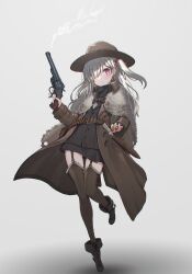Rule 34 | 1girl, absurdres, bandolier, boots, brown hat, cowboy, cowboy boots, cowboy hat, cowboy western, gun, hair over one eye, handgun, hat, highres, knife, knife sheath, oota youjo, original, pink eyes, revolver, sheath, solo, thigh strap, thighhighs, trigger discipline, weapon, western, white hair