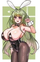 Rule 34 | 1girl, :d, animal ears, antenna hair, black bow, black bowtie, black leotard, blush, bowtie, breasts, brown pantyhose, chance8000, detached collar, fake animal ears, goddess of victory: nikke, green hair, hand on own thigh, heart, heart antenna hair, highleg, highleg leotard, huge breasts, leotard, long hair, looking at viewer, mole, mole on breast, open mouth, pantyhose, pink eyes, playboy bunny, rabbit ears, smile, soda (nikke), soda (twinkling bunny) (nikke), solo, strapless, strapless leotard, thighs, twintails, wrist cuffs