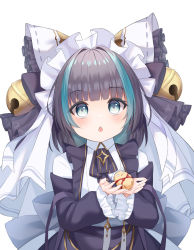 Rule 34 | 1girl, azur lane, bell, bird, black hair, blue eyes, blunt bangs, carrying, chick, commentary request, frilled sleeves, frills, fuka kurotsuji, hair bell, hair ornament, highres, little cheshire (azur lane), long sleeves, looking at viewer, maid, maid headdress, manjuu (azur lane), multicolored hair, short hair, sidelocks, simple background, solo, streaked hair, two-tone hair, white background