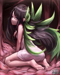 Rule 34 | 1girl, absurdres, arm support, ass, barefoot, between legs, big hair, black hair, blue eyes, breasts, closed mouth, commentary, dark, dated, deviantart username, dress, english commentary, flesh, from behind, green wings, hair flaps, hand between legs, hand on own chest, highres, long hair, looking at viewer, looking back, medibang paint (medium), saya (saya no uta), saya no uta, short dress, sidelocks, signature, sitting, sleeveless, sleeveless dress, small breasts, solo, swept bangs, taut clothes, taut dress, toes, very long hair, victor nguyen, wariza, white dress, wings