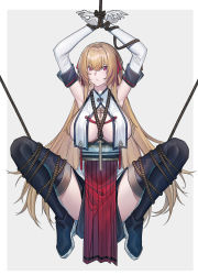 Rule 34 | 1girl, alternate costume, bdsm, blonde hair, bondage, boots, bound, bound arms, bound legs, breasts, cleavage, constellation (warship girls r), echj, elbow gloves, gloves, highres, large breasts, long hair, red eyes, rope, sidelocks, solo, spread legs, thigh boots, thighhighs, warship girls r, white gloves