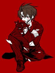 Rule 34 | 1boy, armband, blood, brown hair, collared shirt, colored skin, commentary request, e.g.o (project moon), employee (project moon), jacket, lobotomy corporation, long sleeves, male focus, necktie, pants, project moon, red background, red eyes, red footwear, red jacket, red necktie, red pants, shirt, short hair, shot (urem), simple background, sitting, sketch, solo, tongue, tongue out, white armband, white shirt, white skin