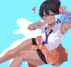 Rule 34 | 1girl, absurdres, alternate hair color, arm up, black hair, black skirt, blue background, blue eyes, blue necktie, bracelet, cellphone, clothes around waist, collared shirt, commentary, finger to face, flat chest, gyaru, hand up, heart, highres, holding, holding phone, jewelry, kogal, looking at viewer, miniskirt, multicolored hair, necktie, okpriko, orange sweater, original, outstretched arm, phone, pink hair, pleated skirt, school uniform, selfie, shirt, short hair, short sleeves, sitting, skirt, smartphone, solo, sweater, sweater around waist, thai girl (okpriko), thighs, tongue, tongue out, two-tone hair, white shirt