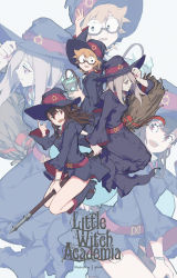 Rule 34 | 10s, 3girls, artist name, blue headwear, blush, broom, broom riding, brown hair, copyright name, glasses, green eyes, hat, highres, index finger raised, kagari atsuko, little witch academia, long hair, looking at viewer, looking away, lotte jansson, miv4t, multiple girls, open mouth, orange hair, red eyes, short hair, smile, sucy manbavaran, teeth, witch hat