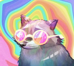 Rule 34 | animal focus, commentary, english commentary, glasses, gradient fur, grey fur, happyraccoons, highres, looking afar, multicolored background, no humans, original, psychedelic, raccoon, upper body
