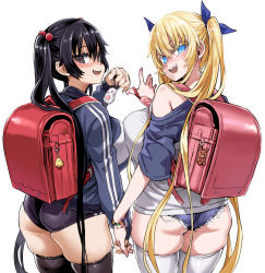 Rule 34 | 2girls, asanagi, ass, asymmetrical docking, backpack, bag, black hair, black legwear, blonde hair, blue eyes, blue ribbon, blue shorts, breast press, breasts, brown eyes, commentary request, crime prevention buzzer, denim, denim shorts, fang, from behind, hair bobbles, hair ornament, hair ribbon, holding hands, jacket, large breasts, looking at viewer, looking back, multiple girls, open mouth, original, randoseru, ribbon, short hair, short shorts, shorts, simple background, smile, teeth, thighhighs, thighs, track jacket, twintails, white background, white legwear