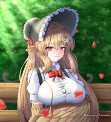 Rule 34 | 1girl, absurdres, arm under breasts, artist name, bench, bird hair ornament, bird wings, black souls, blonde hair, blush, bonnet, bow, bowtie, breasts, brown eyes, bush, closed mouth, commentary, crimsonedreams, dodo (black souls), embarrassed, hair ornament, hair wings, highres, large breasts, long hair, looking at viewer, petals, red bow, red bowtie, rose petals, shirt, short sleeves, sitting, smile, solo, very long hair, white shirt, wings