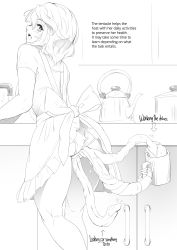 Rule 34 | 1girl, apron, comic, consensual tentacles, creature inside, dishwashing, english text, from behind, greyscale, hair between eyes, helping, indoors, kneepits, leotard, monochrome, original, short hair, slime (substance), smile, solo, teapot, tentacles, thighs, yana (nekoarashi)