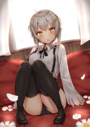 Rule 34 | 1girl, :o, ahoge, arms at sides, backlighting, black footwear, black legwear, black ribbon, black shorts, blonde hair, blush, breasts, bright pupils, center frills, collared shirt, commentary request, couch, day, fang, flower, frilled shirt, frills, full body, grey hair, hair between eyes, head tilt, highres, indoors, knees together feet apart, knees up, long sleeves, looking at viewer, mary janes, medium breasts, neck ribbon, on couch, original, panties, pantyshot, parted lips, reinama, ribbon, shirt, shoes, short hair with long locks, shorts, sidelocks, sitting, sleeves past wrists, solo, suspender shorts, suspenders, thighs, underwear, upshorts, white flower, window, wing collar