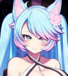 Rule 34 | 1girl, akagi (sk0127aho), animal ear fluff, animal ears, blue eyes, blue hair, blush, breasts, cleavage, commentary, criss-cross halter, english commentary, flower-shaped pupils, halterneck, highres, large breasts, long hair, looking at viewer, multicolored hair, pink hair, silvervale, smile, streaked hair, swept bangs, symbol-shaped pupils, twintails, virtual youtuber, vshojo, wolf ears, wolf girl