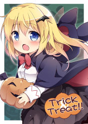 Rule 34 | 1girl, :o, alternate costume, baku-p, black skirt, blonde hair, blue cape, blue eyes, blush, bow, bowtie, cape, commentary request, dress shirt, fairy wings, fang, hair between eyes, halloween, holding, hood, hood down, hooded cape, jack-o&#039;-lantern, lily white, long hair, long sleeves, looking at viewer, multicolored cape, multicolored clothes, open mouth, red bow, red bowtie, red cape, shirt, skirt, sleeves past wrists, solo, touhou, transparent wings, trick or treat, white shirt, wing hair ornament, wings