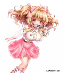 Rule 34 | 1girl, ankle cuffs, black-framed eyewear, blonde hair, blush, bow, breasts, brown eyes, glasses, hair bow, hizuki akira, jewelry, large breasts, long hair, looking at viewer, mask, mouth mask, necklace, original, see-through, see-through sleeves, simple background, skirt, solo, surgical mask, transparent sleeves, twintails, white background