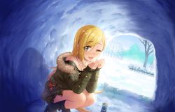 Rule 34 | 10s, 1girl, artist request, black shirt, blonde hair, blush, boots, breasts, breath, can, canned coffee, cleavage, collarbone, drink can, earrings, fujimoto rina, fur trim, grey eyes, high heels, idolmaster, idolmaster cinderella girls, idolmaster cinderella girls starlight stage, jacket, jewelry, long hair, looking at viewer, nail polish, necklace, official art, one eye closed, open mouth, shirt, smile, snow, solo, squatting