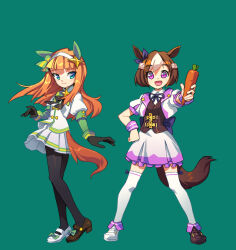 Rule 34 | 1girl, absurdres, animal ears, asymmetrical footwear, black gloves, black pantyhose, blue eyes, bow, bowtie, breasts, brown footwear, brown hair, brown vest, carrot, closed mouth, collared shirt, commentary request, cropped jacket, ear covers, food, full body, gloves, green background, hairband, hand on own hip, highres, holding, holding food, horse ears, horse girl, horse tail, jacket, legs apart, long hair, long sleeves, looking at viewer, miniskirt, mismatched footwear, open mouth, orange hair, pantyhose, purple eyes, shirt, shoes, short hair, short sleeves, silence suzuka (umamusume), simple background, skirt, small breasts, smile, solo, special week (umamusume), standing, suzuhara kenji, tail, thighhighs, umamusume, vest, white footwear, white jacket, white shirt, white skirt, white thighhighs, wrist cuffs