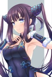 Rule 34 | 10t, 1girl, armpits, bare shoulders, blue dress, blue eyes, blunt bangs, blush, border, breasts, china dress, chinese clothes, cleavage, closed mouth, detached sleeves, dress, fate/grand order, fate (series), gradient background, grey background, hair ornament, hands on own chest, hands up, large breasts, long hair, looking at viewer, purple hair, side slit, sidelocks, smile, solo, twintails, very long hair, white border, yang guifei (fate), yang guifei (second ascension) (fate)