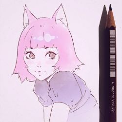 Rule 34 | 1girl, :3, animal ears, art tools in frame, bad id, bad tumblr id, blush stickers, cat ears, close-up, closed mouth, ilya kuvshinov, looking at viewer, original, pencil, photo (medium), puffy short sleeves, puffy sleeves, purple eyes, purple hair, short hair, short sleeves, simple background, solo