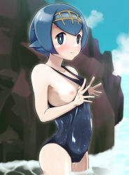 Rule 34 | 10s, 1girl, 5sai desu, bare arms, bare shoulders, blue eyes, blue hair, blue sky, blunt bangs, blush, closed mouth, clothes pull, collarbone, cowboy shot, creatures (company), day, female focus, flat chest, game freak, hairband, highres, lana (pokemon), looking at viewer, nintendo, nipples, npc trainer, one-piece swimsuit, one-piece swimsuit pull, open mouth, outdoors, pokemon, pokemon (anime), pokemon sm, pokemon sm (anime), rock, short hair, sky, smile, solo, standing, swimsuit, trial captain, wading, water, wet