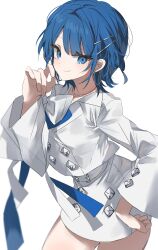Rule 34 | 1girl, absurdres, belt, blue eyes, blue hair, bow, buttons, chu yeon, closed mouth, diamond button, double-breasted, earrings, hair ornament, hairclip, highres, hoop earrings, jacket, jewelry, kiritani haruka, long sleeves, looking at viewer, necklace, project sekai, simple background, skirt, smile, solo, white background, white belt, white bow, white jacket, white skirt, zozotown