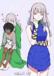Rule 34 | 1boy, 1girl, aged down, arm strap, bare shoulders, barefoot, black hair, blue dress, blue eyes, blush, character name, child, closed mouth, covered face, dark-skinned male, dark skin, dress, dungeon meshi, elf, frown, green dress, grey background, grey eyes, grey hair, grey shirt, hair over shoulder, hc1l 627, heart, highres, hug, hug from behind, invisible chair, kabru, long hair, long sleeves, looking at viewer, low-tied sidelocks, milsiril (dungeon meshi), multiple scars, multiple views, pointy ears, scar, scar on arm, shirt, shoe soles, short hair, sitting, sleeveless, sleeveless dress, smelling hair