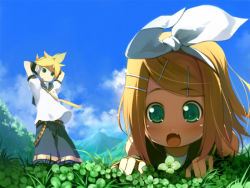 Rule 34 | 1boy, 1girl, arms behind head, blonde hair, blush, brother and sister, child, chinchickrin, clover, day, fang, four-leaf clover, green eyes, hair ornament, hairclip, ireland, kagamine len, kagamine rin, open mouth, short hair, siblings, sky, tree, twins, vocaloid