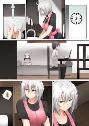 Rule 34 | 1girl, 2boys, ahoge, apron, bell, chair, clock, collarbone, comic, computer, couch, plate, dishwashing, dress shirt, expressionless, fate/grand order, fate (series), faucet, fujimaru ritsuka (male), ginhaha, jeanne d&#039;arc (fate), jeanne d&#039;arc alter (avenger) (fate), jeanne d&#039;arc alter (fate), laptop, multiple boys, pants, shirt, short hair, silent comic, silver hair, sink, sitting, table, tablet pc, wall, yellow eyes