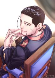 Rule 34 | 1boy, black eyes, black hair, blue jacket, blue pants, blurry foreground, chair, collared jacket, decoy00xx, facial hair, facial scar, fingers together, from behind, goatee, golden kamuy, hair slicked back, hair strand, hand gesture, jacket, leg up, light smile, long sleeves, looking at viewer, looking back, male focus, military, military uniform, ogata hyakunosuke, own hands together, pants, scar, scar on cheek, scar on face, short hair, solo, stubble, undercut, uniform