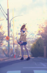 Rule 34 | 1girl, absurdres, akayama yukihe, antenna hair, blue skirt, blurry, blurry background, blush, brown eyes, brown footwear, brown hair, clannad, closed mouth, commentary request, dappled sunlight, expressionless, furukawa nagisa, highres, hikarizaka private high school uniform, jacket, kneehighs, landscape, light smile, loafers, long sleeves, looking at viewer, medium hair, miniskirt, own hands together, photo background, pleated skirt, road sign, sailor collar, school uniform, shoes, short hair, sidelighting, sign, skirt, sleeves past wrists, socks, solo, standing, sunlight, white sailor collar, white socks, wide shot, yellow jacket