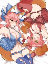 Rule 34 | 10s, 2girls, :3, animal ears, animal hands, babydoll, bed sheet, blue panties, blue thighhighs, blush, bow, breasts, cleavage, fang, fate/extra, fate/grand order, fate (series), fox ears, fox tail, frilled panties, frills, hair bow, highres, large breasts, long hair, looking at viewer, lying, midriff, multiple girls, navel, on back, panties, pink hair, red legwear, red panties, rotational symmetry, shibata (idaidaiba6211), smile, symmetrical pose, tail, tamamo (fate), tamamo cat (fate), tamamo no mae (fate/extra), thighhighs, underwear, yellow eyes