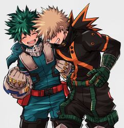 Rule 34 | 2boys, ^ ^, aqua bodysuit, baggy pants, bakugou katsuki, belt, belt pouch, black pants, blonde hair, blush, boku no hero academia, buckle, chiyaya, clenched hands, closed eyes, cowboy shot, eyebrows hidden by hair, freckles, from side, gloves, green gloves, green hair, grey background, grey gloves, hair between eyes, hands on own hips, hands up, happy, head down, headgear, highres, knee pads, laughing, leaning forward, leaning to the side, male focus, midoriya izuku, multiple boys, open mouth, orange gloves, pants, pouch, profile, red belt, round teeth, short hair, simple background, single horizontal stripe, smile, snap-fit buckle, spiked hair, teeth, two-tone gloves, utility belt, wrist guards, x