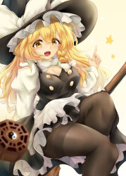 1girl absurdres apron black_pantyhose black_vest blonde_hair bow breasts cleavage_cutout clothing_cutout commentary_request hat highres kirisame_marisa long_sleeves looking_at_viewer open_mouth pantyhose pointing pointing_up puffy_sleeves reo_adriano star_(symbol) thighs touhou vest white_apron witch_hat yellow_eyes