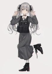 Rule 34 | 1girl, aer7o, black bow, black dress, black footwear, blush, blush stickers, boots, bow, closed mouth, collared dress, cross-laced footwear, dress, full body, grey eyes, grey hair, hair between eyes, hair bow, hands up, highres, lace-up boots, long hair, long sleeves, original, pantyhose, puffy long sleeves, puffy sleeves, sidelocks, smile, solo, twintails, very long hair, white pantyhose