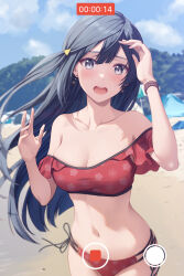 Rule 34 | 1girl, beach, bikini, black hair, blurry, blurry background, bracelet, breasts, cleavage, collarbone, commentary request, depth of field, drop earrings, earrings, grey eyes, hands up, highres, jewelry, large breasts, long hair, looking at viewer, love live!, love live! nijigasaki high school idol club, navel, ocean, off-shoulder bikini, off shoulder, one side up, open mouth, outdoors, pause button, recording, red bikini, shamakho, side-tie bikini bottom, solo, stomach, swimsuit, yuki setsuna (love live!)