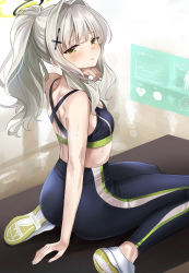 Rule 34 | 1girl, alternate costume, black leggings, blue archive, blush, breasts, from behind, green eyes, grey hair, hair intakes, hair ornament, hairclip, halo, hare (blue archive), heartbeat, highres, indoors, leggings, long hair, looking at viewer, looking back, open mouth, ponpon nun, ponytail, shoes, shoulder blades, sitting, small breasts, sneakers, solo, sports bra, sportswear, sweat, wariza, wiping sweat