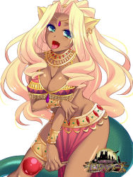 Rule 34 | 1girl, animal ears, blonde hair, breasts, candy, cat ears, cleavage, dark-skinned female, dark skin, earrings, fang, fingernails, food, green eyes, highres, holding, holding food, jewelry, large breasts, lollipop, long hair, looking at viewer, nail polish, poyamu, purple nails, simple background, smile, solo, tail, taima inden evil hunters, tongue, tongue out, usekh collar, very long hair, white background