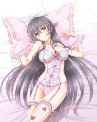 Rule 34 | 1girl, ayumu (ayumumkrg), bad id, bad pixiv id, bed sheet, black hair, bow, breasts, collarbone, cowboy shot, fishnet thighhighs, fishnets, flower knight girl, frills, from above, hair bow, large breasts, lingerie, long hair, lying, on back, pillow, smile, solo, thigh strap, thighhighs, tsukimisou (flower knight girl), underwear, very long hair, white bow, yellow eyes