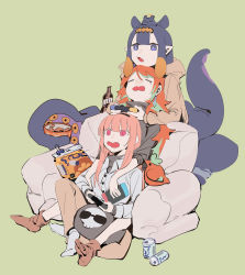 Rule 34 | 3girls, absurdres, alternate costume, blunt bangs, bright pupils, can, chin rest, chips (food), closed eyes, death-sensei (mori calliope), fang, food, green background, green hair, handheld game console, head on head, head rest, highres, holding, holding handheld game console, hololive, hololive english, mole, mole under eye, mori calliope, multicolored hair, multiple girls, ninomae ina&#039;nis, nintendo switch, open mouth, orange hair, pink hair, pointy ears, potato chips, takanashi kiara, takodachi (ninomae ina&#039;nis), tentacle hair, tentacles, virtual youtuber, white pupils, wolf25920441