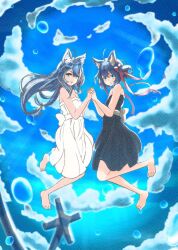 Rule 34 | 2girls, ahoge, alternate costume, animal ear fluff, animal ear piercing, animal ears, back bow, barefoot, black dress, blue eyes, blue hair, blue sky, bow, bubble, cloud, commentary request, dog ears, dog girl, dress, dual persona, earrings, expressionless, full body, hair bow, holding hands, interlocked fingers, jewelry, long hair, looking at viewer, lovermoonlight, medium bangs, multiple girls, nanashi inc., open mouth, red bow, short hair, single earring, sky, smile, souya ichika, v-shaped eyebrows, virtual youtuber, waist bow, white bow, white dress