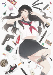 Rule 34 | 1girl, amputee, android, animal print, belt, beretta 92, black eyes, black hair, black skirt, bottle, box, buckle, bullet, cable, camera, candy, cat print, ce 1, charm (object), chess piece, commentary, cosmetics, covering own mouth, cyberpunk, dagger, earpiece, english commentary, equipment layout, food, game console, gun, hair spread out, hand over own mouth, handgun, hands up, highres, knife, leopard print, lipstick tube, looking at viewer, lying, m9 bayonet, makeup, mechanical parts, midriff, miniskirt, nail polish bottle, navel, nike (company), nike air force 1, on back, original, park junkyu, pawn (chess), pill, pleated skirt, red neckwear, rouge (makeup), school uniform, serafuku, shoes, short sleeves, simple background, skirt, snap-fit buckle, sneakers, syringe, unworn shoes, weapon, white background