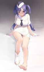 Rule 34 | 1girl, absurdres, ajoe (hakuha k), arm support, bed sheet, blue archive, blue eyes, blue hair, blush, commentary request, dress, full body, gloves, highres, long hair, looking at viewer, open mouth, panties, pantyshot, parted bangs, puffy short sleeves, puffy sleeves, short sleeves, single barefoot, sitting, solo, thighs, toes, triangle hair ornament, two side up, underwear, white dress, white footwear, white gloves, white panties, yuuka (blue archive)