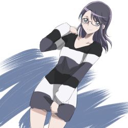 Rule 34 | 10s, 1girl, alternate hair length, alternate hairstyle, blue eyes, dress, eyelashes, glasses, hair ornament, hairclip, happy, heartcatch precure!, looking at viewer, precure, purple hair, short hair, sketch, smile, solo, striped clothes, striped sweater, sweater, sweater dress, tsukikage oyama, tsukikage yuri