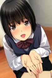 Rule 34 | 1girl, absurdres, black hair, black skirt, black vest, blurry, blurry background, blush, bow, brown bow, brown eyes, collared shirt, cupping hands, depth of field, diagonal stripes, dutch angle, highres, long sleeves, looking at viewer, matsunaga kouyou, nose blush, oral invitation, original, own hands together, pleated skirt, school uniform, shirt, skirt, solo, squatting, striped, striped bow, tongue, tongue out, vest, white shirt, wooden floor