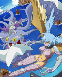 Rule 34 | 00s, 2girls, aqua eyes, aqua hair, arai nobu, arm support, armor, bad id, bad pixiv id, blue eyes, blue hair, bracelet, breasts, calamaramon, claws, curvy, digimon, digimon (creature), digimon frontier, elbow gloves, extra eyes, eyelashes, feathers, female focus, fighting, flying, gauntlets, gloves, harpy, head wings, high collar, highleg, highleg panties, jewelry, large breasts, legs, long hair, long legs, mask, midriff, monster girl, multiple girls, navel, outstretched arm, panties, pointy ears, purple hair, red eyes, revealing clothes, scylla, short hair, shutumon, tentacles, thighhighs, thighs, underwear, water, wide hips, wings